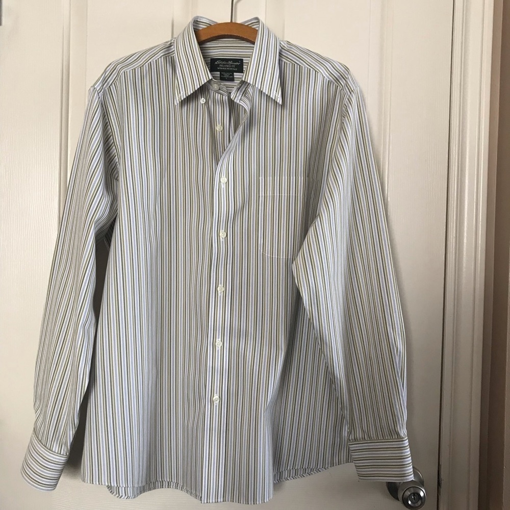 Eddie Bauer Relaxed Fit Wrinkle-Resistant Cotton Long Sleeve Stripe Shirt Large